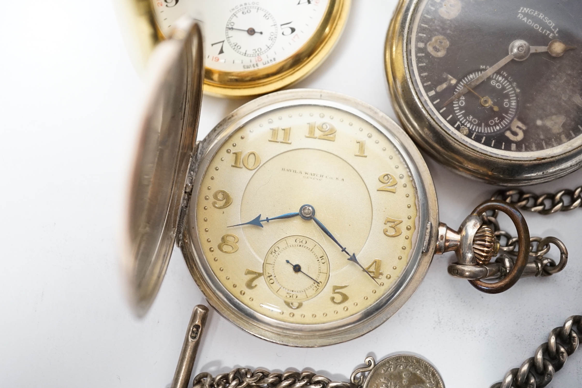 A silver open face pocket watch by Benson, London, an 800 standard hunter pocket watch by Havila and two others including a black dial Ingersoll Radiolite.